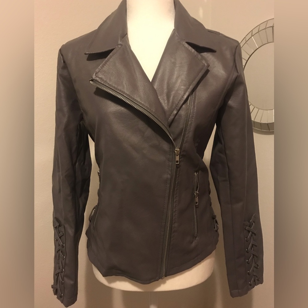 Rich Steel neutral color faux leather moto style jacket. Has beautiful lacing!